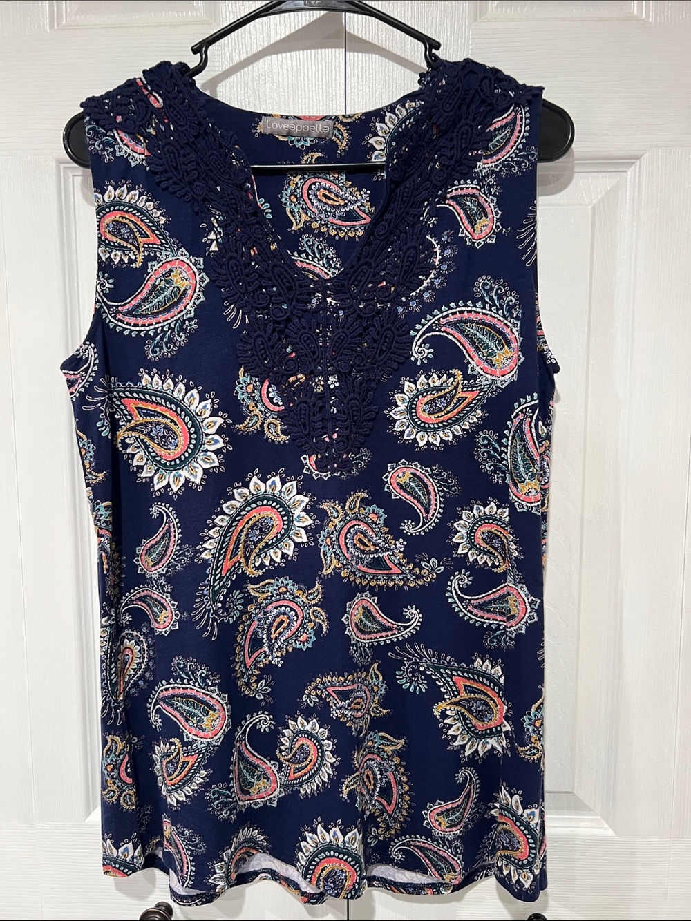Loveappella Navy Paisley Crochet V-Neck Tank Top